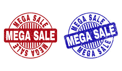 Grunge MEGA SALE round stamp seals isolated on a white background. Round seals with grunge texture in red and blue colors. Vector rubber imprint of MEGA SALE label inside circle form with stripes.
