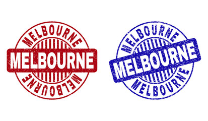 Grunge MELBOURNE round stamp seals isolated on a white background. Round seals with grunge texture in red and blue colors. Vector rubber imprint of MELBOURNE label inside circle form with stripes.