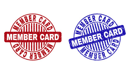 Grunge MEMBER CARD round stamp seals isolated on a white background. Round seals with grunge texture in red and blue colors. Vector rubber imitation of MEMBER CARD tag inside circle form with stripes.