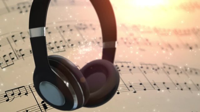 Rotating Headphones with music notes in the background