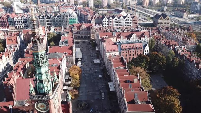 Aerial view to typical colored buildings in historical touristic centre of the city Gdansk, Poland