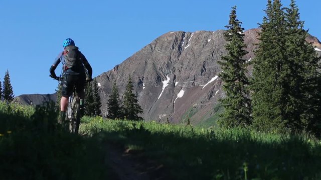 Mountain Biker Climbing Up Trail