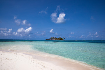 View to San Blas island in Panama. The San Blas islands of Panama is an archipelago comprising 365 islands and cays of which 49 are inhabited