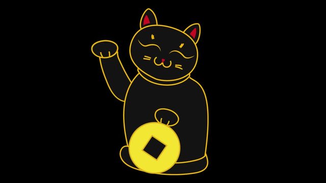 2d cartoon japan cat maneki neko holding a coin and waving a paw, wishing good luck loop 4k video