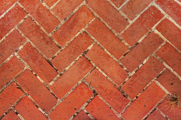 Paved footpath. Old red brick paving on a sidewalk. Abstract background