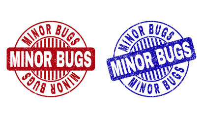 Grunge MINOR BUGS round stamp seals isolated on a white background. Round seals with grunge texture in red and blue colors. Vector rubber watermark of MINOR BUGS title inside circle form with stripes.