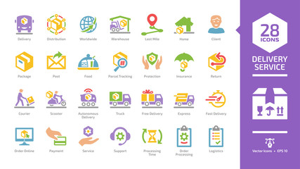 Delivery service color glyph icon set with express package shipping, quick courier, cargo truck and van speed transport, online order and free box shipment pictogram.