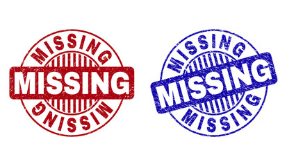 Grunge MISSING round stamp seals isolated on a white background. Round seals with grunge texture in red and blue colors. Vector rubber watermark of MISSING tag inside circle form with stripes.