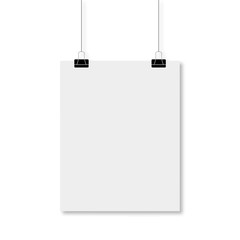 Simple empty white paper poster hanging in on white background with a shadows.