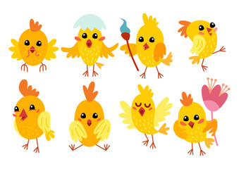 Set of cute cartoon chicken characters for easter design.