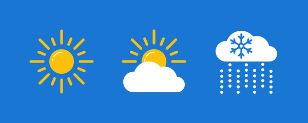 Weather forecast color icons set. 3 flat symbols on the blue background. Vector illustration EPS 10.