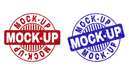 Grunge MOCK-UP round stamp seals isolated on a white background. Round seals with grunge texture in red and blue colors. Vector rubber overlay of MOCK-UP title inside circle form with stripes.