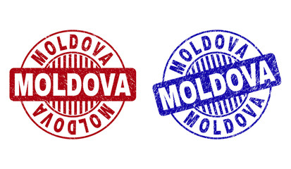 Grunge MOLDOVA round stamp seals isolated on a white background. Round seals with grunge texture in red and blue colors. Vector rubber overlay of MOLDOVA text inside circle form with stripes.
