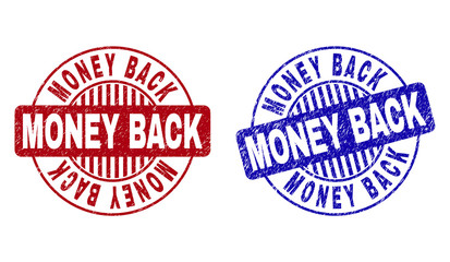 Grunge MONEY BACK round stamp seals isolated on a white background. Round seals with distress texture in red and blue colors. Vector rubber imprint of MONEY BACK text inside circle form with stripes.