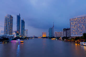 Bangkok cityscape and landscape Chao Phraya River at twillighy