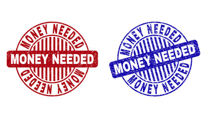 Grunge MONEY NEEDED round stamp seals isolated on a white background. Round seals with grunge texture in red and blue colors.