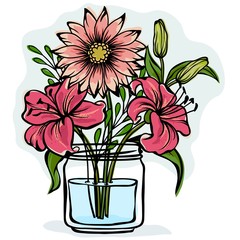 Lily and chrysanthemum in a glass jar. Vector icon on white background.