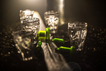 Selection of alcoholic drinks on rustic wood background. Creative artwork decoration