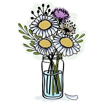 stokesia and chamomile in a glass jar. Vector icon on white background.