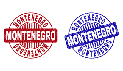 Grunge MONTENEGRO round stamp seals isolated on a white background. Round seals with grunge texture in red and blue colors. Vector rubber imitation of MONTENEGRO title inside circle form with stripes.