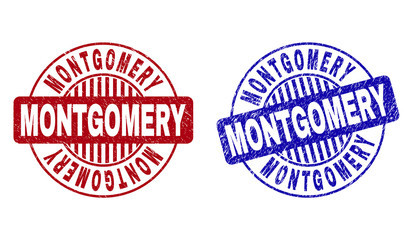 Grunge MONTGOMERY round stamp seals isolated on a white background. Round seals with grunge texture in red and blue colors.