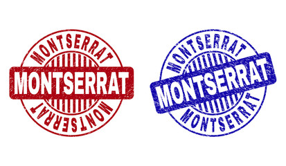 Grunge MONTSERRAT round stamp seals isolated on a white background. Round seals with grunge texture in red and blue colors. Vector rubber imitation of MONTSERRAT title inside circle form with stripes.