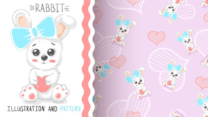 Cute rabbit with heart - seamless pattern