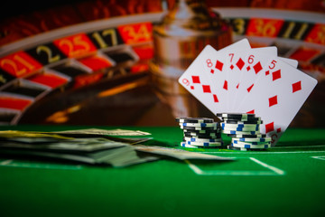 Casino element isolation on the colorful, Slot machine, Roulette while, Dice, Casino chip - image