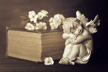 Guardian angel, funeral flowers and book. Mourning concept. Sympathy card.