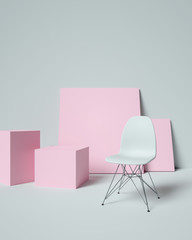 3d rendering white chair and empty frame with box on white studio - illustration