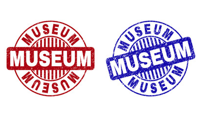 Grunge MUSEUM round stamp seals isolated on a white background. Round seals with grunge texture in red and blue colors. Vector rubber overlay of MUSEUM text inside circle form with stripes.