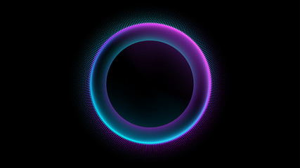 Neon circle with dots light effect on black background. Modern round frame with empty space for text for advertising, banner, card. Vector illustration.
