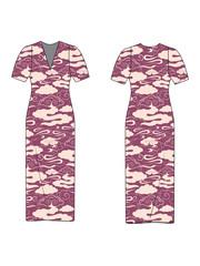 FASHION DESIGN TEMPLATE MOCKUP OF SHORT SLEEVE CLASSIC FITTED MIDI DRESS AND SAMPLE REPEAT PATTERN DESIGN WITH ABSTRACT ORIENTAL CLOUDS PATTERN IN RASPBERRY AND CREAM PLACED ON A SEPARATE LAYER.