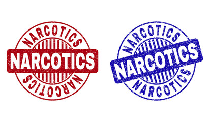 Grunge NARCOTICS round stamp seals isolated on a white background. Round seals with grunge texture in red and blue colors. Vector rubber watermark of NARCOTICS title inside circle form with stripes.