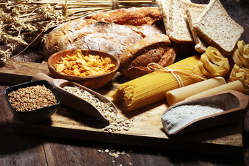 whole grain products with complex carbohydrates on table