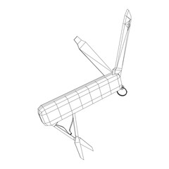 Multi-tool folding pocket knife, multipurpose penknife. Multifunctional tool model wireframe low poly mesh vector illustration