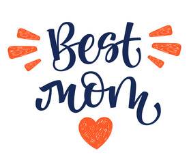 Best Mom hand write isolated simple calligraphy with heart and rays decor