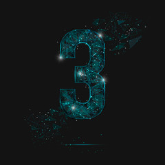Abstract isolated blue image of a number three. Polygonal illustration looks like stars in the blask night sky in spase or flying glass shards. Digital design for website, web, internet. © Katsiaryna