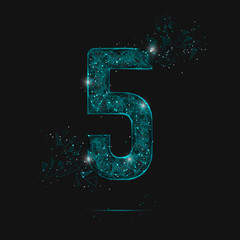 Abstract isolated blue image of a number three. Polygonal illustration looks like stars in the blask night sky in spase or flying glass shards. Digital design for website, web, internet. © Katsiaryna