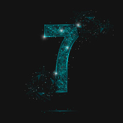 Abstract isolated blue image of a number three. Polygonal illustration looks like stars in the blask night sky in spase or flying glass shards. Digital design for website, web, internet. © Katsiaryna