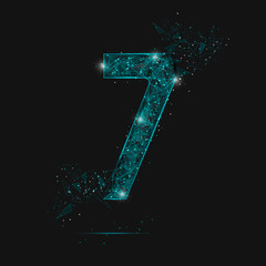 Abstract isolated blue image of a number three. Polygonal illustration looks like stars in the blask night sky in spase or flying glass shards. Digital design for website, web, internet. © Katsiaryna