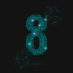Abstract isolated blue image of a number eight. Polygonal illustration looks like stars in the blask night sky in spase or flying glass shards. Digital design for website, web, internet. © Katsiaryna