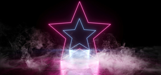 Smoke Dark Empty Black Star Shaped Neon Glowing Laser Fluorescent Virtual Reality Blue Purple Vibrant Lights On Grunge Concrete Reflective Floor Empty Hall Room Tunnel 3D Rendering © IM_VISUALS