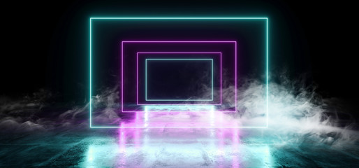 Smoke Dark Empty Black Rectangle Frame Neon Glowing Laser Fluorescent Virtual Reality Blue Purple Vibrant Lights On Grunge Concrete Reflective Floor Empty Hall Room Tunnel 3D Rendering