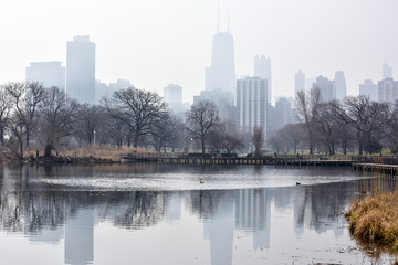 Fototapeta premium big city urban skyline in fog