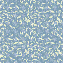 Vector Illustration of stylized, abstract botanical garden with layered plants and flowers in lilac, grey, smoky blue and moss green. For fabric, fashion design, accessories, gifts.