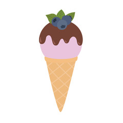 Blueberry ice cream with chocolate in a waffle cone