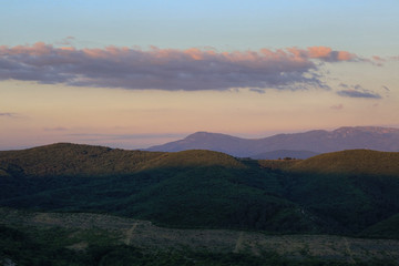 Fototapeta premium Beautiful view of the evening hills and mountains in the Crimea