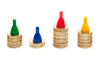 Columns of Russian coins with game chips on a white background.