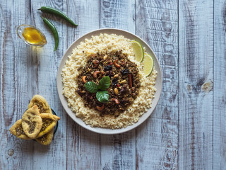 Moroccan spiced mince with couscous. Top view. 